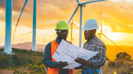 Poster - Two multiracial industrial workers examining wind turbines blueprints with amazing sunset on background Rural area with eco farm of production clean green energy : Generative AI