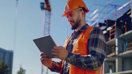Aufkleber - Construction worker tablet and portrait of man with research and digital data for solar panel installation Happy engineer and male contractor with eco and energy project with tech and  : Generative AI
