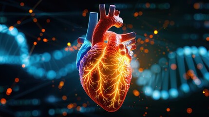 Human heart anatomy with DNA strands and scientific background, medical illustration 