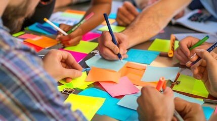 Close up of developer team using mind map to brainstorm idea Top view of skilled group of business people working together writing marketing strategy by using markers and sticky notes  : Generative AI