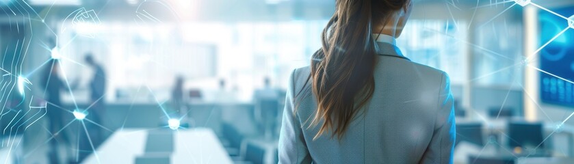 Female CEO in light grey suit, torso view, networking at global forum, sleek conference room backdrop, symbolizing global corporate influence, digital tone, Triadic Color Scheme