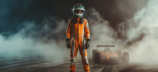 A racing driver in an orange and white suit with a helmet stands on the asphalt