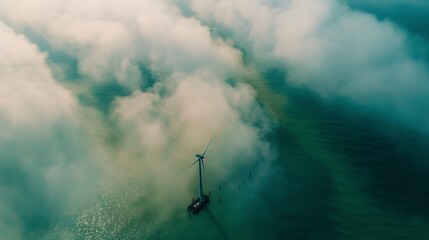 Aufkleber - windmill park with clouds during a rainy day windmill park in the ocean aerial view with wind turbine Flevoland Netherlands Ijsselmeer Green energy : Generative AI