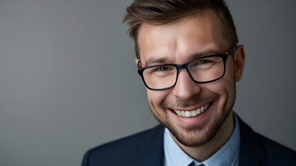 Poster - Close up portrait of a cheerful man in glasses and dark blue suit Isolated on grey background : Generative AI
