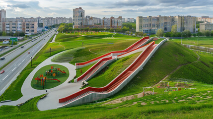 A red and white track on the green grass of the city wall in Samara