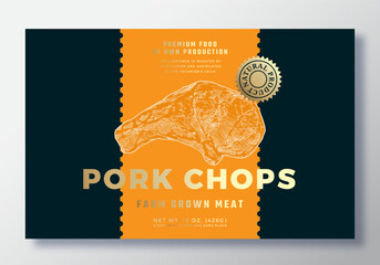 Wall Mural - farm grown pork chops food vector packaging label design template. modern typography banner, hand dr