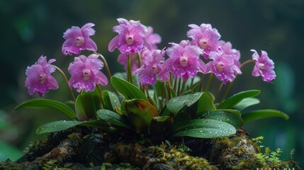 Wall Mural - A diminutive rainforest orchid, blooming in purple and pink, sits among tree roots. Its delicate flowers attract unique pollinators, sustaining its species in the dense forest.