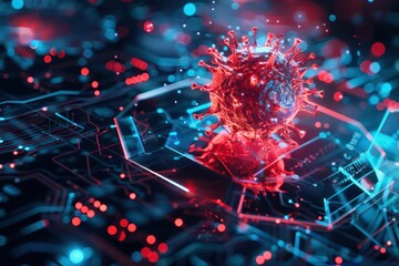 Poster - Closeup of a digital antivirus shield blocking a cyber virus, with copy space