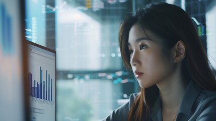 Leinwandbilder - Young beautiful asian woman working in corporate office businesswoman working in office attentively to grow and modernize startup business she is analyzing companys market and financia : Generative AI