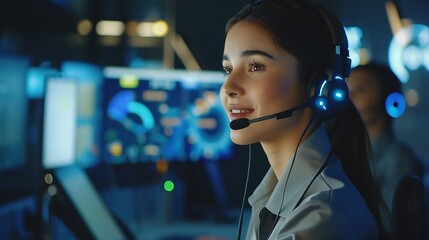Aufkleber - Young friendly operator woman agent with headsets working  by virsual screen with AI  business woman smile  concept for service mind in call centerHelp deskCall center : Generative AI