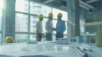 Aufkleber - Business people blueprint and documents in construction planning or team architecture on site Architect group in meeting discussion or engineering on floor plan brainstorming or buildi : Generative AI