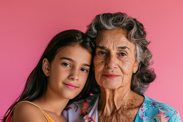 Beautiful girl and her grandmother hugging each other on pink background. Generative AI.