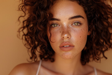 Wall Mural - Closeup of freckled face of a beautiful curly-haired woman on pastel background. Generative AI.