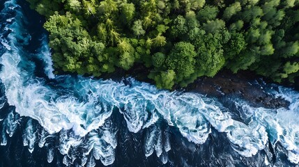 Poster - Aerial view of the waves and rapids of the wild river closeup top shot : Generative AI