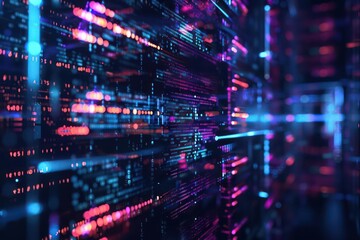 Closeup of a holographic computer screen displaying code, with copy space