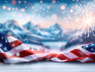 American flag in front of a winter mountain landscape with fireworks and festive bokeh lights, celebrating a patriotic holiday season.