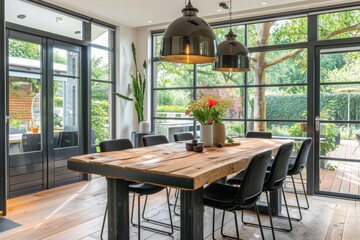 Wall Mural - Contemporary dining room featuring a wooden table, black chairs, and ample natural light from french doors leading to a garden