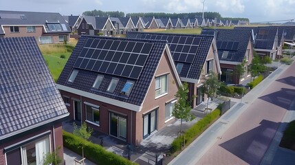 Poster - Newly build houses with solar panels attached on the roof  Black solar photovoltaic panels on a house roof green energy transition in the Netherlands solar power energy : Generative AI