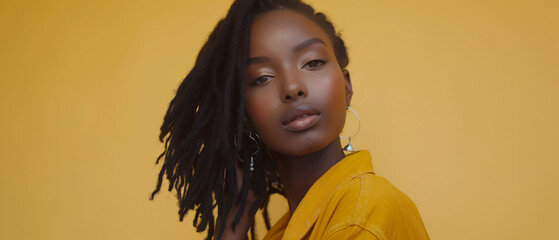 Wall Mural - Beautiful young black woman with afro hair posing on yellow background. Wide view. Generative AI.