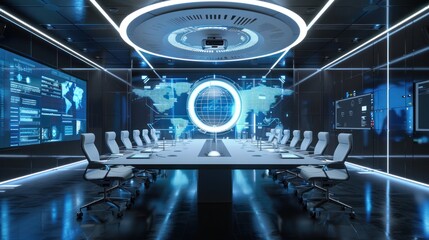 Wall Mural - Futuristic Conference Room with Global Network Visualization