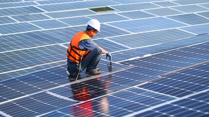 Poster - Asian engineer working at Floating solar power plantRenewable energyTechnician and investor solar panels checking the panels at solar energy installation : Generative AI