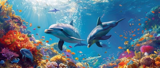 Underwater scene with dolphins swimming through vibrant coral reef, surrounded by colorful fish, captured in crystal clear ocean water.