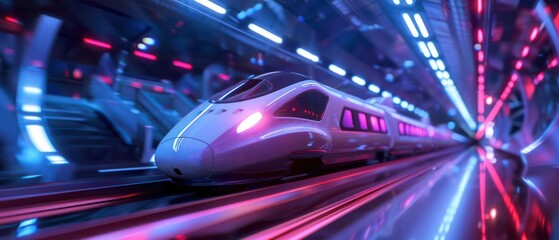 Detailed view of a futuristic trains aerodynamic design under LED lights, with copy space