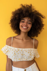 Sticker - Beautiful young girl with black power hair smiling isolated on yellow background. Generative AI