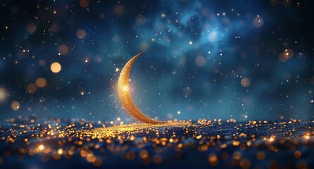 Wall Mural - Golden Crescent Moon Against Night Sky With Sparkling Lights