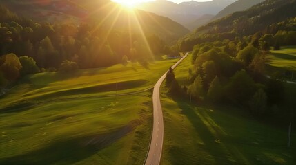 Poster - Aerial view of road in green meadows at sunset in summer Top view from drone of rural road mountains forest Beautiful landscape with roadway sun rays trees hills green grass clouds Slo : Generative AI