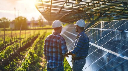 Poster - Farmers check the operation of solar cell panels for farming Modern agriculture Clean energy : Generative AI