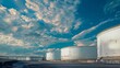 © The Little Hut - White fuel oil storage tank with blue sky background Storage tank important infrastructure for oil and gas The storage tank place to receive and store oil at fuel terminal Oil and Gas  : Generative AI