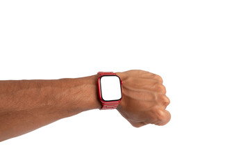 Male hand wearing a red smartwatch isolated no background blanc screen