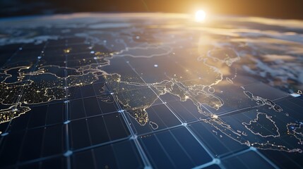 Poster - solar panels surface and world map global planet electricity power supply renewable energy Clean energy and environment electricity 3D rendering : Generative AI