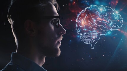 Poster - Close up portrait of a man from the side in profile and a hologram of a working brain The concept of intelligence brain work thought process : Generative AI