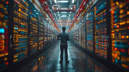 Poster - A Single Figure Stands in a Modern Data Center Filled With Servers