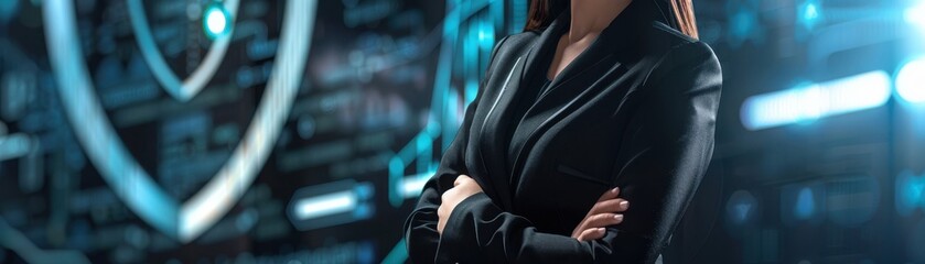 Canvas Print - Female CEO in black suit, torso view, Shield icon backdrop, tech conference setting, emphasizing cybersecurity, digital tone, Complementary Color Scheme