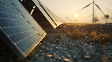 Poster - Solar panels and wind power generation equipment solar power green energy for life concept : Generative AI