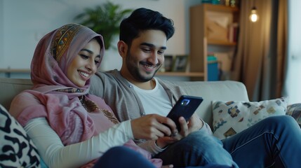 Wall Mural - Relaxed cheerful beautiful young multicultural couple middle eastern guy and indian woman sitting on sofa at home using smartphone and smiling shopping online surfing on Internet copy  : Generative AI