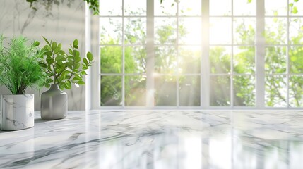 Poster - Selective focusElegance product display background with marble top with kitchen wall window garden in morningminimal counter design : Generative AI