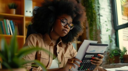 Leinwandbilder - Accountant Young african businesswoman in afro hairstyle Using Calculator For documents Accounting financial sitting at computer in workplace office : Generative AI