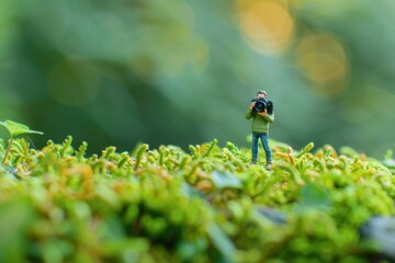 Miniature people celebrate World Photography Day with camera.