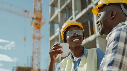 Poster - Portrait engineer team and people on coffee break at construction site Smile architects and black man and woman relax with tea talk and conversation after building project working or e : Generative AI