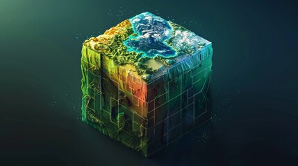 Poster - Abstract 3D cube with vibrant colors depicting various terrains. Conceptual digital artwork. Futuristic and imaginative design. Useful for backgrounds and digital projects. AI