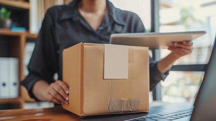 Aufkleber - Young business owner woman prepare parcel box and standing check online orders for deliver to customer on tablet laptop Shopping Online concept in office : Generative AI