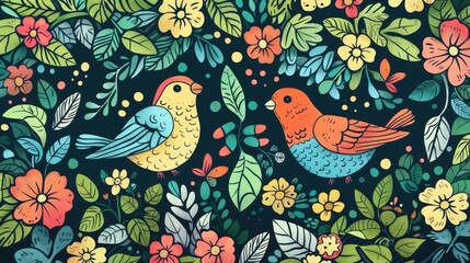 Naklejka na meble Colorful Birds Amongst Vibrant Floral Pattern