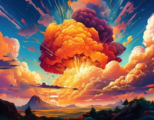 Wall Mural - Comic book style explosion with dramatic clouds and vibrant colors