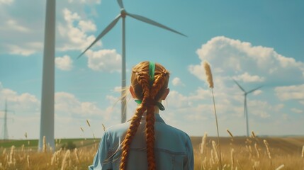 Poster - A blogger girl with bright braids shoots a story about green energy about working with wind energy and wind turbines : Generative AI