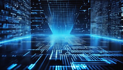 Shiny blue coding on black background, concept of technology and programming