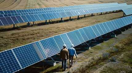 Poster - The solar farmsolar panel with two engineers walk to check the operation of the system Alternative energy to conserve the worlds energy Photovoltaic module idea for clean energy produc : Generative AI